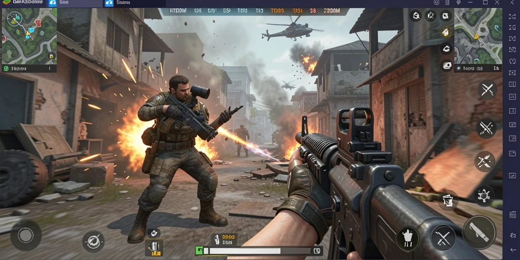 Screenshot utama D200M menunjukkan aksi pertempuran seru dalam game TPS.