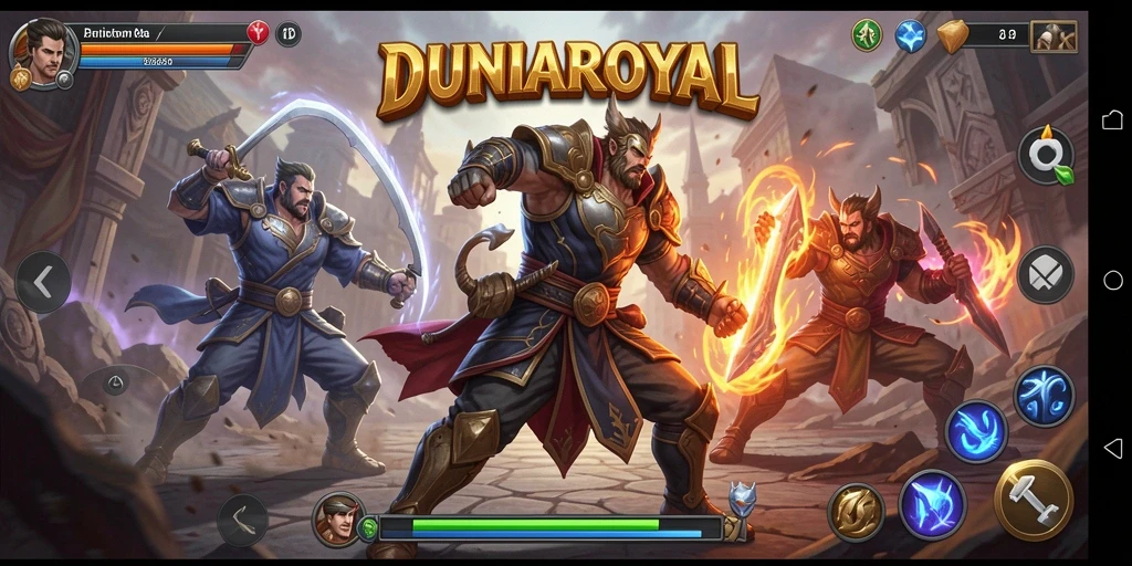 Screenshot DUNIAROYAL menampilkan aksi pertarungan yang mendebarkan dalam arena yang menantang.