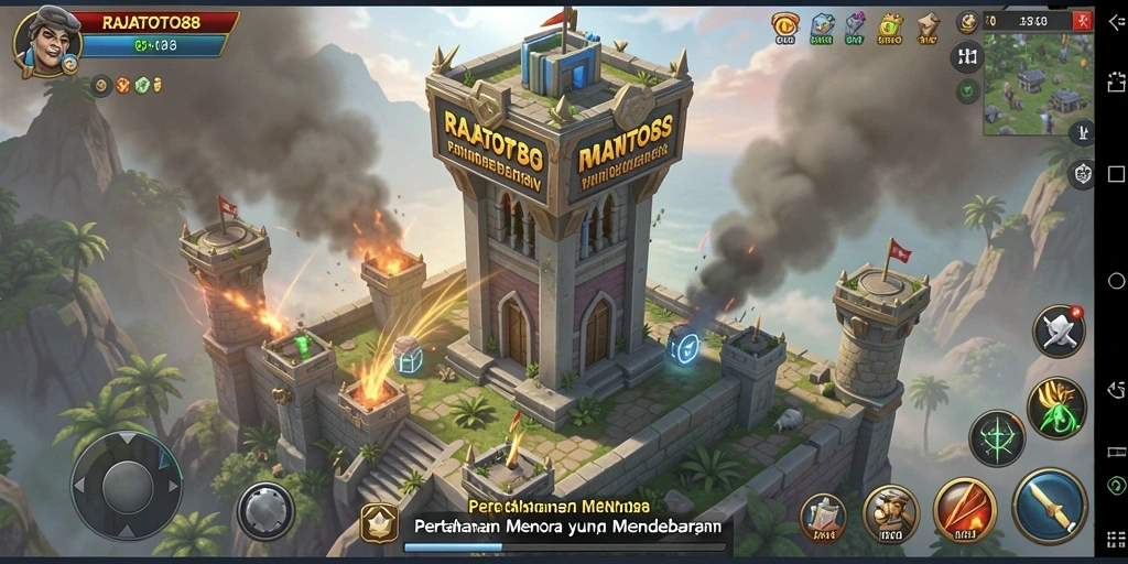Screenshot utama RAJATOTO88 menampilkan aksi pertahanan menara yang menegangkan.