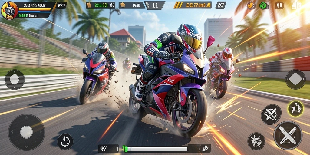 Gameplay RK77 yang menegangkan dengan balapan motor cepat.