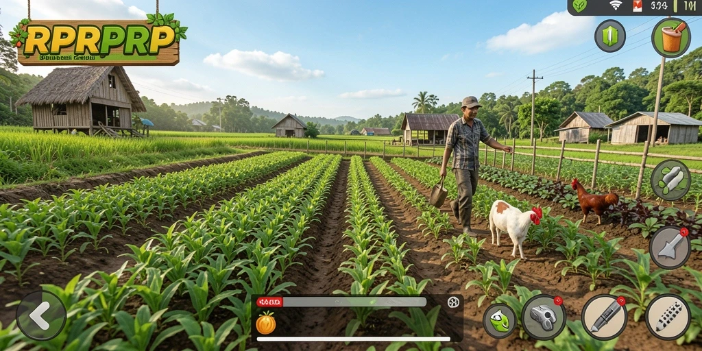 Screenshot gameplay RPRPRP dengan suasana pertanian yang indah.