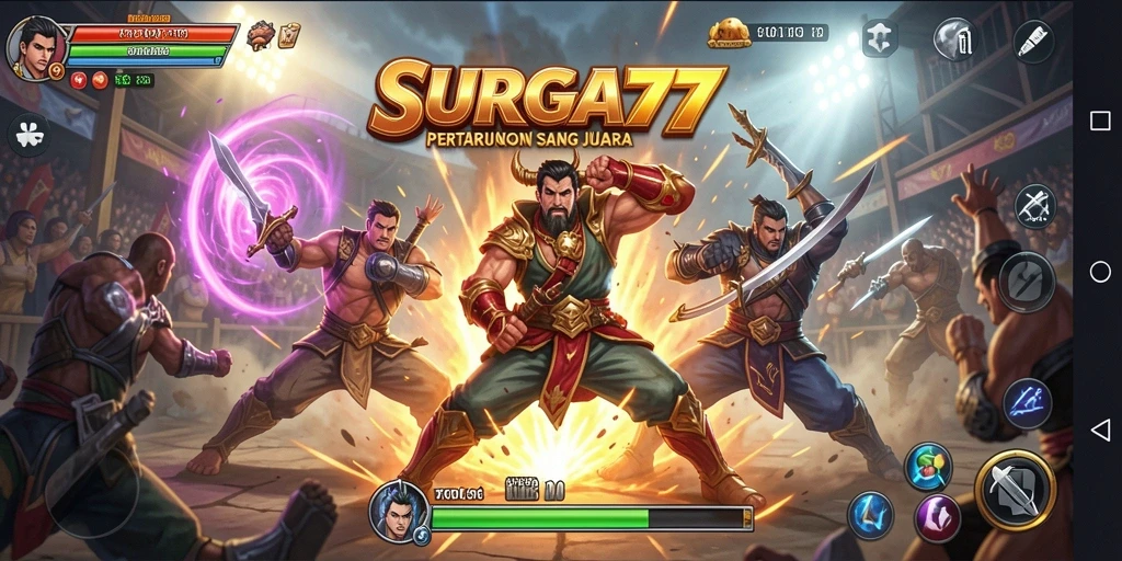 Tampilan gameplay SURGA77 dengan aksi pertarungan yang intens.
