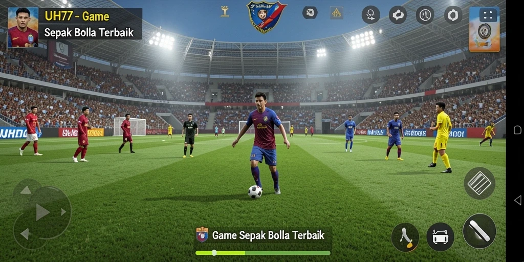 Tampilan gameplay UH77 dengan aksi sepak bola yang intens.