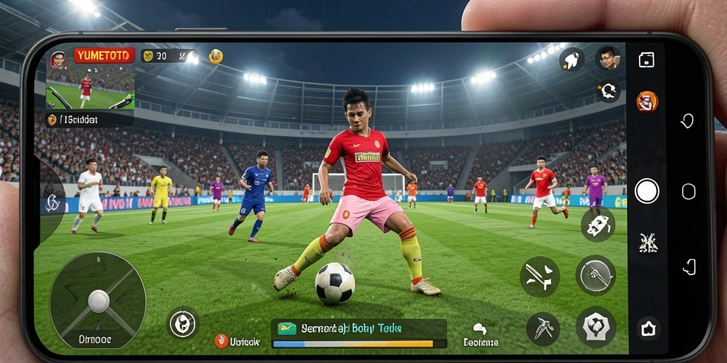 Screenshot YUMETOTO menampilkan aksi seru dalam pertandingan sepak bola.